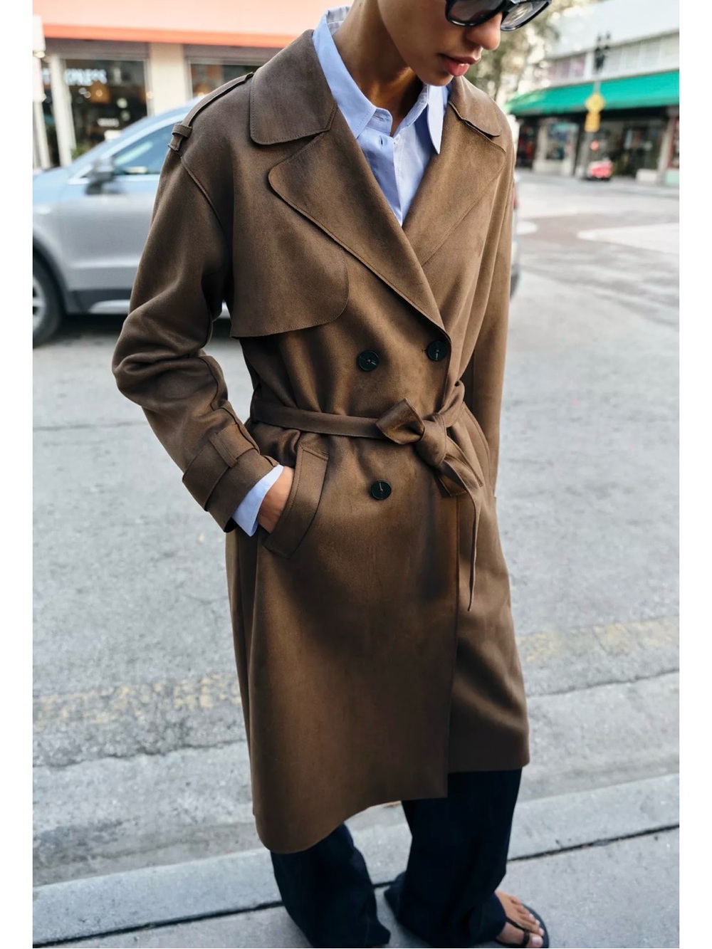 Zara long faux suede trench coat with belt